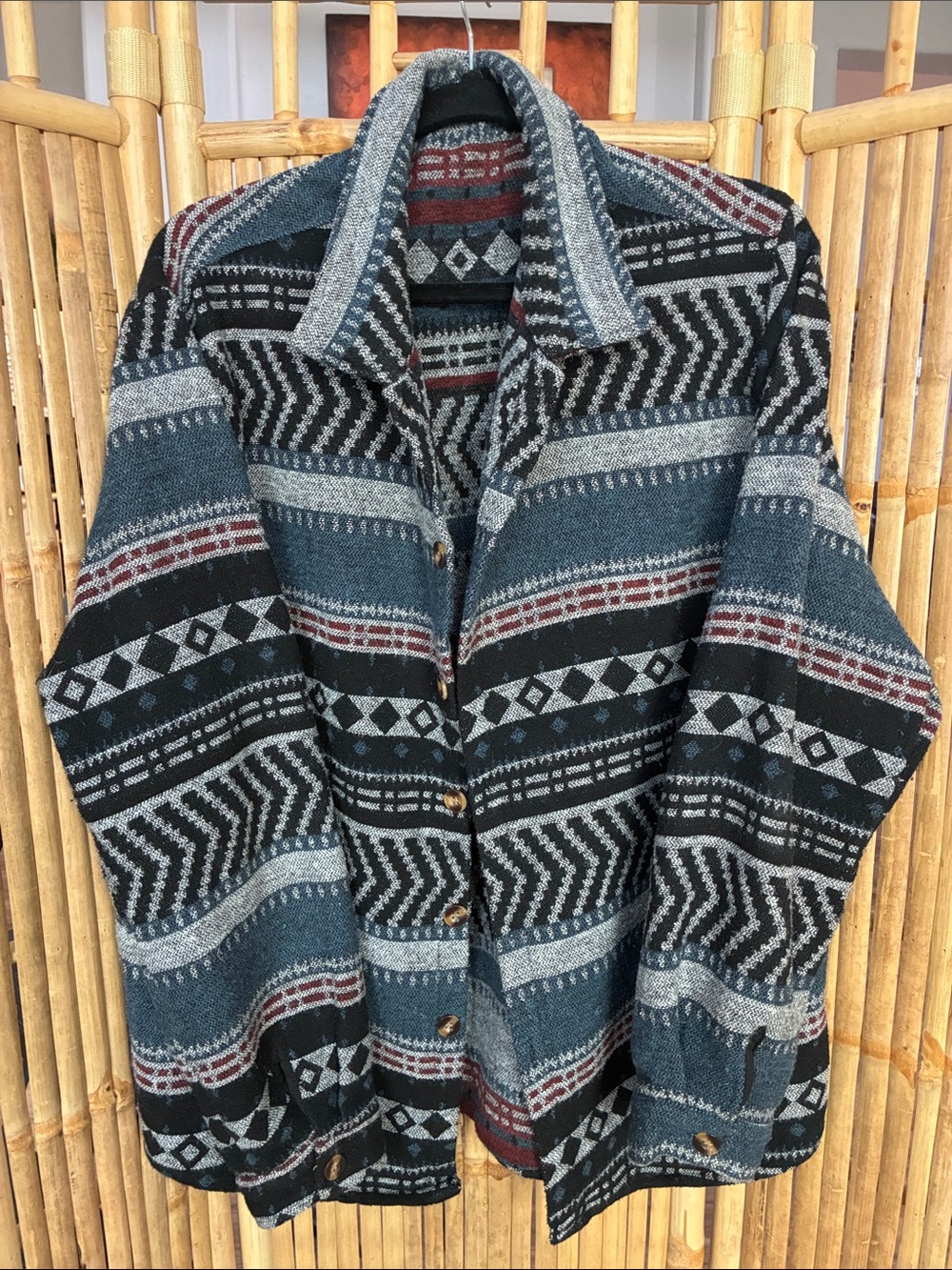 Patterned Button-Front Jacket - Black & Blue